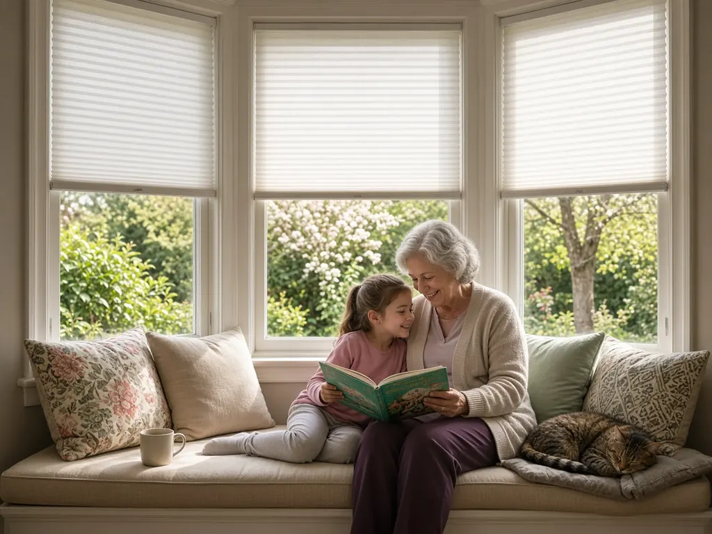 A grandmother and granddaughter read together on a bay window seat with a white cellular shade on each of the three windows