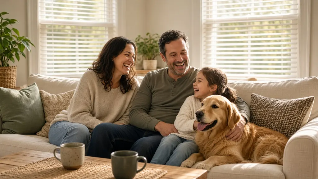 Parents, two children and a golden retriever laugh together on a sofa in a sunny living room with white faux wood blinds on the windows