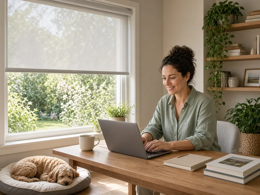 A woman works at a home office table with her dog at her feet, a light-filtering roller shade softening the window light