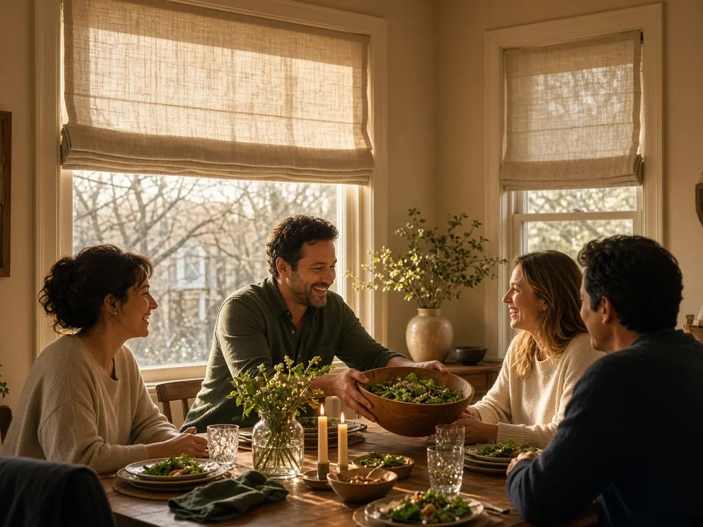 Friends share dinner around a wooden table in front of windows dressed with linen roman shades